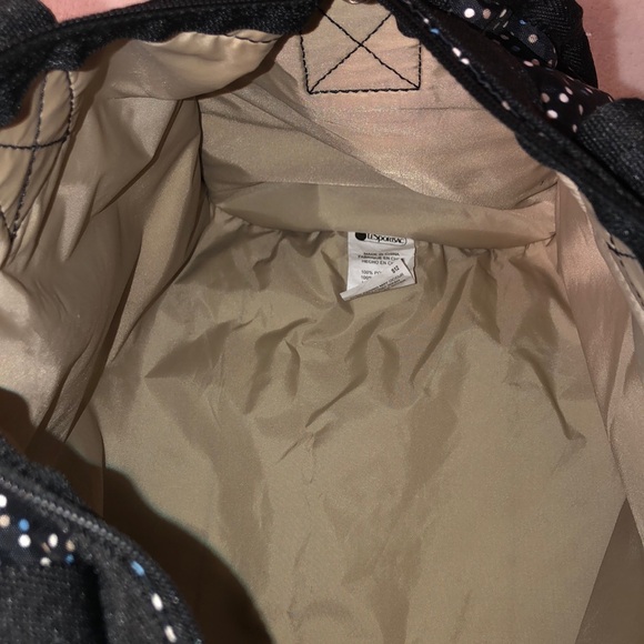 LeSportsac polka dot black zipper cross body bag w lt blue, white, and tan dots - Picture 10 of 14